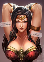 Rule 34 | 1girl, absurdres, armpits, arms up, badcompzero, bare shoulders, black hair, blue eyes, breasts, breasts apart, dc comics, english text, highres, large breasts, long hair, looking at viewer, open mouth, smile, solo, superhero costume, tiara, watermark, wonder woman, wonder woman (series)