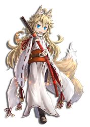 Rule 34 | 1girl, :d, ahoge, animal ear fluff, animal ears, belt, blonde hair, blue eyes, bridal gauntlets, brown footwear, collared shirt, commentary request, detached sleeves, fang, fox ears, fox girl, full body, highres, holding, holding weapon, japanese clothes, katana, kazekiri, kimono, long hair, looking at viewer, messy hair, open mouth, original, shirt, shoes, simple background, smile, solo, string, string of fate, sword, very long hair, very long sleeves, weapon, white background, white shirt, wide sleeves