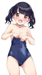 Rule 34 | 1girl, black hair, blue one-piece swimsuit, blush, brown eyes, commentary request, covered navel, dressing, fangs, fukumaru koito, gluteal fold, highres, idolmaster, idolmaster shiny colors, kuroba aki, looking at viewer, one-piece swimsuit, open mouth, school swimsuit, simple background, solo, standing, swimsuit, twintails, white background