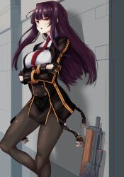 Rule 34 | absurdres, black thighhighs, bullpup, framed breasts, girls&#039; frontline, gun, hair ribbon, half updo, highres, looking at viewer, necktie, one side up, purple hair, red eyes, red necktie, ribbon, rifle, simple background, sniper rifle, suppressor, thighhighs, wa2000 (girls&#039; frontline), walther, walther wa 2000, weapon, yukusasu