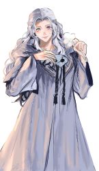 Rule 34 | 1girl, absurdres, blue eyes, braid, commentary, cowboy shot, english commentary, final fantasy, final fantasy xiv, flower, grey hair, grey robe, half updo, hand on own chest, hands up, highres, holding, holding flower, hood, hood down, hooded robe, light blush, long hair, looking at viewer, multicolored eyes, robe, simple background, single braid, sketch, smile, solo, standing, venat (ff14), wavy hair, wefightasone 1, white background, wide sleeves