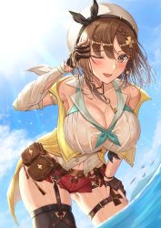 Rule 34 | 1girl, :d, absurdres, atelier (series), atelier ryza, atelier ryza 2, bare shoulders, bird, black thighhighs, blue sky, blush, braid, breasts, cleavage, cloud, collared shirt, commentary request, gloves, green neckwear, hair between eyes, hair ornament, hairclip, hand on own thigh, highres, jacket, jewelry, key, key necklace, large breasts, leather, leather belt, leather gloves, midriff, navel, necklace, nemunemu semi, ocean, one eye closed, open mouth, partially fingerless gloves, partially submerged, pouch, red shorts, reisalin stout, see-through, shirt, short hair, short shorts, shorts, single braid, single thighhigh, sky, sleeveless, sleeveless jacket, smile, solo, thigh strap, thighhighs, wading, water, wet, wet clothes, wet hair, white headwear, white shirt, yellow jacket