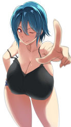 Rule 34 | 1girl, bare legs, bare shoulders, blue hair, breasts, brown eyes, cleavage, denim, denim shorts, female focus, gigantic breasts, hanging breasts, highres, huge breasts, kloah, leaning forward, looking at viewer, off shoulder, one eye closed, pointing, short hair, short shorts, shorts, simple background, solo, standing, tank top, thigh gap, white background, wink