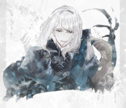 Rule 34 | 1boy, black jacket, bug, butterfly, closed mouth, gloves, grey eyes, grey gloves, haitaka no psychedelica, hugh (haitaka no psychedelica), insect, jacket, kaori, long sleeves, looking at viewer, male focus, short hair, smile, solo, white background, white butterfly, white hair