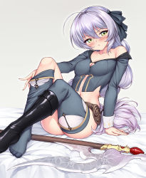 Rule 34 | 1girl, axe, blush, boots, braid, braided ponytail, breasts, cleavage, crossed legs, green eyes, grey skirt, grey thighhighs, highres, ivenglynn, knee boots, lace, legs, long hair, long sleeves, medium breasts, nail polish, navel, on bed, original, pout, removing legwear, silver hair, single braid, sitting, skirt, sleeve cuffs, thighhighs, very long hair
