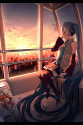 Rule 34 | 1girl, absurdly long hair, aqua eyes, aqua hair, arm at side, arm up, bare shoulders, black skirt, black thighhighs, blue hair, boots, bouquet, breasts, cable, cellphone, cityscape, collared shirt, commentary, commentary request, detached sleeves, english commentary, ferris wheel interior, flower, glow (vocaloid), glowing, grey shirt, hamuna (hamuna 86), hand on own face, hand up, hatsune miku, headphones, highres, light particles, long hair, looking away, necktie, paper, partial commentary, phone, pleated skirt, profile, red flower, shirt, sitting, skirt, sky, small breasts, solo, sparkle, sunset, thigh boots, thighhighs, twintails, very long hair, vocaloid, white flower, zettai ryouiki