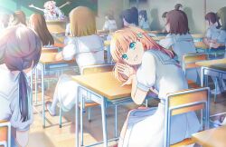 Rule 34 | 6+girls, :d, ^ ^, aqua eyes, blonde hair, blue hair, blue ribbon, brown hair, chair, chalkboard, classroom, closed eyes, crossed bangs, dark blue hair, desk, dress, ena (love live!), flower, game cg, gradient hair, grin, hair flower, hair ornament, hair ribbon, hasu no sora school uniform, highres, hinoshita kaho, indoors, leaning to the side, light blue hair, link! like! love live!, loafers, long hair, looking at another, love live!, low twintails, medium dress, medium hair, multicolored hair, multiple girls, murano sayaka, neckerchief, official art, on chair, open mouth, orange hair, osawa rurino, outstretched arms, parted bangs, pink flower, pleated dress, rabbit hair ornament, red footwear, red neckerchief, ribbon, sailor collar, sailor dress, school chair, school desk, school uniform, shadow, shiina (love live!), shoes, short sleeves, sitting, smile, solo focus, summer uniform, sunlight, third-party source, topknot, twintails, two-tone footwear, two side up, uwabaki, virtual youtuber, white dress, white footwear, white sailor collar