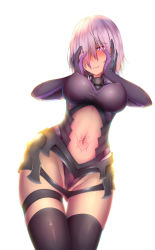 Rule 34 | 1girl, armor, black thighhighs, blush, breasts, cleft of venus, closed mouth, clothing cutout, covered erect nipples, cowboy shot, elbow gloves, eyelashes, eyes visible through hair, fate/grand order, fate (series), faulds, gloves, gluteal fold, groin, hair over one eye, hands on own cheeks, hands on own face, heart, heart-shaped pupils, heart tattoo, highres, hip bones, looking at viewer, mash kyrielight, medium breasts, navel, navel cutout, navel piercing, nikuku (kazedesune), partially visible vulva, piercing, pubic tattoo, purple eyes, purple gloves, purple hair, revision, shiny clothes, short hair, simple background, smile, solo, stomach, stomach tattoo, symbol-shaped pupils, tattoo, thigh gap, thigh strap, thighhighs, white background