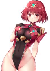 Rule 34 | 1girl, adapted costume, armor, blush, breasts, covered navel, eol 9, gem, gloves, hair ornament, headpiece, highres, jewelry, large breasts, leotard, looking at viewer, nintendo, pyra (xenoblade), red eyes, red hair, short hair, shoulder armor, smile, solo, swept bangs, thighs, tiara, xenoblade chronicles (series), xenoblade chronicles 2