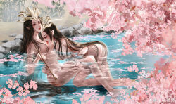 Rule 34 | 2girls, absurdres, bamboo, brown hair, cai lin (doupo cangqiong), cherry blossoms, doupo cangqiong, from side, hair ornament, highres, incest, julia laoshi, licking, licking nipple, light rays, long hair, looking up, multiple girls, nipple stimulation, nude, petals, petals on liquid, pointy ears, rock, siblings, sisters, smoke