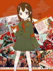 Rule 34 | 1girl, ahoge, armband, badge, book, braid, brown eyes, brown hair, buttons, china, chinese text, collar tabs, collared shirt, communism, communist party of china, crowd, crown, cultural revolution, dark-skinned male, dark skin, feet out of frame, glasses, green shirt, green skirt, holding, holding book, ikustas nir, long sleeves, looking down, mao cap, mao zedong, map, mole, mole under eye, neckerchief, original, overalls, pleated skirt, politics, poster (object), propaganda, quotations from chairman mao zedong, real life, red armband, red background, red flag, red guard, red neckerchief, shirt, simplified chinese text, skirt, sleeves past fingers, sleeves past wrists, socks, solo, solo focus, twin braids, very long sleeves, white socks