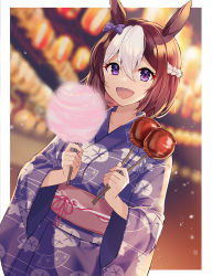 Rule 34 | 1girl, absurdres, akitsuki (oenothera), animal ears, backlighting, blurry, blurry background, blush, border, bow, braid, brown hair, candy apple, cotton candy, depth of field, floral print, food, hair between eyes, hair bow, highres, holding, holding food, horse ears, japanese clothes, kimono, long sleeves, looking at viewer, multicolored hair, obi, outside border, print kimono, purple bow, purple eyes, purple kimono, sash, short hair, solo, special week (umamusume), two-tone hair, umamusume, white border, white hair, wide sleeves, yukata