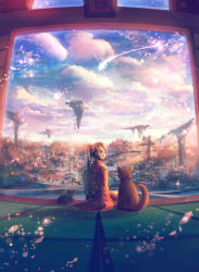 Rule 34 | 1girl, blue sky, blush, brown eyes, brown hair, cat, closed mouth, cloud, cloudy sky, commentary request, day, dog, fantasy, hair ornament, japanese clothes, kimono, light particles, long hair, looking at viewer, looking back, obi, original, outdoors, petals, ponytail, red kimono, sakimori (hououbds), sash, scenery, shooting star, sitting, sky, smile, solo, swept bangs