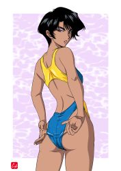 Rule 34 | 1girl, adjusting clothes, adjusting swimsuit, ass, back, backless outfit, black hair, brown eyes, chris re5, competition swimsuit, cowboy shot, crotch seam, dark-skinned female, dark skin, eyeshadow, golden boy, hayami ayuko, highres, looking at viewer, looking back, makeup, one-piece swimsuit, parted lips, pink background, short hair, solo, swimsuit, v-shaped eyebrows