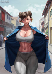 Rule 34 | 1girl, abs, blue jacket, breasts, brown eyes, brown hair, capcom, chun-li, clothes writing, collarbone, commentary, copyright name, double bun, earrings, elleciel.eud, english commentary, exhibitionism, flashing, grey pants, grey sports bra, hair bun, highres, jacket, jewelry, large breasts, looking at viewer, navel, open clothes, open jacket, open mouth, outdoors, pants, public indecency, road, solo focus, sports bra, street, street fighter, swept bangs, tight clothes, tight pants, yoga pants