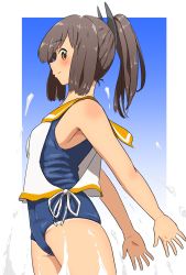 Rule 34 | 1girl, brown eyes, brown hair, commentary request, cowboy shot, hair ornament, hairclip, highres, i-401 (kancolle), kantai collection, looking at viewer, namakura neo, one-piece tan, orange sailor collar, ponytail, profile, sailor collar, school swimsuit, shirt, short hair, short ponytail, side-tie shirt, sleeveless, sleeveless shirt, solo, splashing, standing, swimsuit, swimsuit under clothes, tan, tanline, water