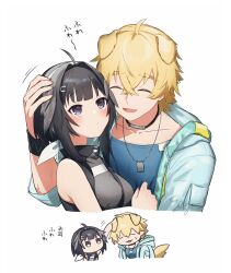 Rule 34 | 1boy, 1girl, 9kugai, :o, ahoge, animal ears, arknights, arm up, bird girl, black eyes, black hair, black shirt, blue jacket, blue shirt, breasts, brother and sister, chibi, commentary request, cropped torso, crossed bangs, dog boy, dog ears, dog tail, feather hair, hair between eyes, hair intakes, hair ornament, hair ribbon, hairband, hairclip, headpat, highres, jacket, jewelry, la pluma (arknights), necklace, parted lips, ribbon, shirt, siblings, signature, simple background, sleeveless, sleeveless shirt, step-siblings, tail, tequila (arknights), translation request, white background, white hairband, white ribbon