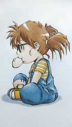 Rule 34 | 1girl, baozi, brown eyes, brown hair, butterfly sitting, dr. slump, food, glasses, marker (medium), mouth hold, norimaki arale, overalls, scan, shirt, shoes, short twintails, sitting, sneakers, striped, t-shirt, traditional media, twintails