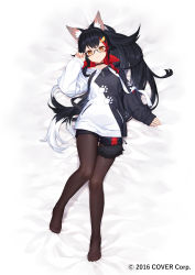 Rule 34 | 1girl, adjusting eyewear, animal ear fluff, animal ears, bed sheet, black-framed eyewear, black choker, black hair, black hoodie, black pantyhose, black shorts, blush, choker, closed mouth, commentary, from above, full body, glasses, highres, hololive, hood, hoodie, izumi sai, knees together feet apart, long hair, long sleeves, looking at viewer, multicolored hair, official alternate costume, official art, ookami mio, ookami mio (casual), orange eyes, pantyhose, paw print, paw print pattern, ponytail, red hair, semi-rimless eyewear, short shorts, shorts, sidelocks, smile, solo, streaked hair, tail, tail around own leg, two-tone hoodie, virtual youtuber, watermark, white hair, white hoodie, wolf ears, wolf girl, wolf tail