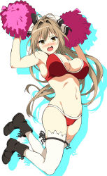 Rule 34 | 10s, 1girl, ahoge, amagi brilliant park, antenna hair, armpits, bare shoulders, bikini, black eyes, blush, boots, breasts, brown eyes, brown hair, cameltoe, cheerleader, cleavage, embarrassed, groin, hair ribbon, highres, large breasts, legs, long hair, looking at viewer, navel, open mouth, outline, pom pom (cheerleading), ponytail, red bikini, ribbon, sento isuzu, simple background, solo, swimsuit, thighhighs, thighs, white thighhighs, yellow eyes, yoshiki360