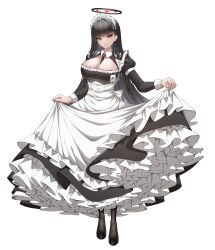 Rule 34 | 1girl, absurdres, alternate costume, apron, black dress, black footwear, black hair, black pantyhose, blue archive, breasts, bright pupils, cleavage, closed mouth, dress, enmaided, frilled apron, frilled dress, frills, full body, hair ornament, hairpin, halo, highres, juliet sleeves, large breasts, long hair, long sleeves, looking at viewer, maid, maid apron, maid headdress, pantyhose, petticoat, popcat (jung5u), puffy sleeves, red eyes, rio (blue archive), shoes, simple background, sleeve garter, solo, white apron, white background, white pupils