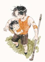 Rule 34 | 2boys, aged down, bandaid, bandaid on arm, bandaid on leg, black hair, black shorts, child, crying, elbow pads, freckles, full body, gogugogu45, hat, holding, hug, korean commentary, looking at another, looking down, male focus, monkey d. luffy, multiple boys, one piece, open mouth, orange tank top, portgas d. ace, short hair, shorts, single elbow pad, straw hat, sweatdrop, tank top