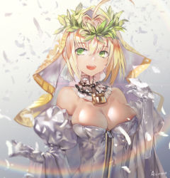 Rule 34 | 10s, 1girl, :d, ahoge, artist name, azomo, bare shoulders, blonde hair, breasts, bright pupils, chain, cleavage, detached collar, detached sleeves, elbow gloves, fate/extra, fate/extra ccc, fate/grand order, fate (series), feathers, gloves, gradient background, green eyes, hair intakes, highres, large breasts, lock, looking at viewer, nero claudius (bride) (fate), nero claudius (bride) (third ascension) (fate), nero claudius (fate), nero claudius (fate) (all), open mouth, padlock, short hair, simple background, smile, solo, upper body, veil, white gloves, wreath