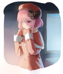 Rule 34 | 1girl, absurdres, beret, blue archive, blush, bow, buttons, capelet, closed mouth, coat, double-breasted, gloves, hair bow, hands up, hat, highres, long sleeves, looking at viewer, nonoa, pink eyes, pink hair, red coat, red gloves, red hat, serina (blue archive), serina (christmas) (blue archive), short hair, smile, solo, upper body