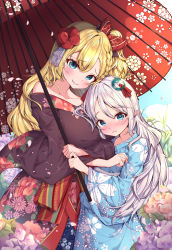 Rule 34 | + +, 2girls, blonde hair, blue eyes, blue kimono, blush, bow, braid, breasts, brown kimono, closed mouth, collarbone, day, falling petals, floral print, flower, hair between eyes, hair bow, hair ornament, height difference, highres, hikotou (sao73cat), holding, holding umbrella, japanese clothes, kanzashi, kikumon, kimono, large breasts, long hair, looking at viewer, multiple girls, off shoulder, oil-paper umbrella, one side up, original, outdoors, parted lips, petals, pointy ears, print kimono, purple flower, red bow, red umbrella, single braid, smile, umbrella, upper body, white hair, wide sleeves