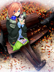 Rule 34 | 1girl, autumn leaves, bench, black footwear, black pantyhose, blue eyes, blush, closed mouth, commentary request, day, drink, fingernails, full body, go-toubun no hanayome, green skirt, hair between eyes, headphones, headphones around neck, highres, holding, holding drink, jacket, leaf, long hair, long sleeves, looking at viewer, nakano miku, outdoors, pantyhose, red hair, scarf, shirt, shizuki shuuya, sitting, skirt, smile, solo, winter clothes