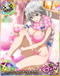 Rule 34 | 10s, 1girl, braid, breasts, card (medium), character name, cleavage, covered erect nipples, grayfia lucifuge, grey eyes, grey hair, hair ribbon, high school dxd, high school dxd born, large breasts, lingerie, lipstick, long hair, maid headdress, makeup, mature female, official art, pillow, red lips, ribbon, smile, solo, underwear