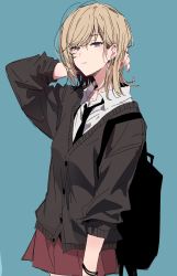 Rule 34 | 1girl, backpack, bag, black necktie, blonde hair, blue background, bracelet, brown jacket, collared shirt, cowboy shot, earrings, expressionless, hand up, highres, jacket, jewelry, looking at viewer, medium hair, musshu (omu001), nail polish, necktie, original, pleated skirt, purple eyes, red skirt, shirt, simple background, skirt, sleeves rolled up, solo, white shirt