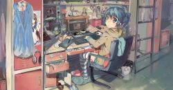 Rule 34 | 10s, 1girl, akiyama mio, alternate costume, arrow (symbol), beats by dr. dre, blue eyes, blue hair, blush, book, cactus, calendar (object), cellphone, cirno, clock, computer, crossover, desk, desk lamp, digital media player, drawing board, drawing tablet, earphones, from behind, hakurei reimu, hatsune miku, headphones, highres, indoors, ipod, k-on!, kantai collection, keyboard (computer), ladder, lamp, laptop, locker, looking at viewer, looking back, matching hair/eyes, minecraft, misaka mikoto, mouse (animal), mouse (computer), mousepad, mousepad (object), mukaido manaka, multiple crossover, nagi no asukara, nakano azusa, original, panties, parka, phone, ponytail, poster (object), recycling symbol, reflection, scissors, shimakaze (kancolle), shirt, shoes, skirt, slippers, smartphone, solo, striped clothes, striped thighhighs, stylus, tablet pc, thighhighs, toaru majutsu no index, touhou, trash can, underwear, vocaloid, white shirt, zhongye yu