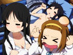 Rule 34 | 3girls, akiyama mio, angry, bed, black hair, blush, bra, breasts, brown hair, cleavage, crossed arms, closed eyes, k-on!, long hair, lying, multiple girls, nakano azusa, navel, nipples, nude, open clothes, open mouth, open shirt, pillow, sameha ikuya, school uniform, shirt, short hair, skirt, small breasts, standing, sweat, tainaka ritsu, tears, twintails, underwear