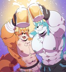 Rule 34 | 2boys, abs, alcohol, animal ears, bara, beer, beer mug, black gloves, black sclera, black shorts, blush, brand new animal, collar, colored sclera, corrupted twitter file, cup, drink, earrings, fangs, fingerless gloves, furry, furry male, gloves, highres, holding, holding cup, holding drink, jewelry, kokukokuboo, looking at cup, male focus, mug, multiple boys, muscular, muscular male, nipples, ogami shirou, open mouth, original, pectorals, red panda boy, red panda ears, red panda tail, shorts, smile, tail, toasting (gesture), topless male, white shorts, wolf boy, wolf ears, wolf tail