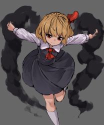 Rule 34 | 1girl, absurdres, ascot, bad id, bad pixiv id, black dress, blonde hair, closed mouth, darkness, dress, hair ribbon, highres, leg up, long sleeves, looking at viewer, nob1109, outstretched arms, red ascot, red eyes, red ribbon, ribbon, rumia, short hair, smile, socks, solo, standing, standing on one leg, touhou, white socks