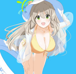 Rule 34 | 1girl, bikini, blonde hair, blue archive, blue background, blush, breasts, cleavage, collarbone, commentary request, daiichi (1279220), feet out of frame, flower, front-tie bikini top, front-tie top, green eyes, green halo, halo, halterneck, hat, hat flower, hat tug, highres, innertube, large breasts, leaning forward, long hair, looking at viewer, nonomi (blue archive), nonomi (swimsuit) (blue archive), open mouth, side-tie bikini bottom, simple background, smile, solo, swim ring, swimsuit, white hat, yellow bikini, yellow flower