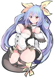 Rule 34 | 1girl, bare shoulders, black panties, blue hair, blush, breasts, cleavage, detached collar, detached sleeves, dizzy (guilty gear), enpe, guilty gear, guilty gear xrd, hair between eyes, hair ribbon, highres, large breasts, light smile, long hair, looking at viewer, monster girl, panties, red eyes, ribbon, simple background, solo, thigh gap, thighs, twintails, underwear, white background, yellow ribbon