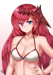 Rule 34 | 1girl, armpits, bare arms, bare shoulders, bikini, blue eyes, blush, breasts, brown background, cleavage, closed mouth, collarbone, commentary request, godsworn alexiel, gradient background, granblue fantasy, hair between eyes, hand on own hip, head tilt, headpiece, long hair, looking at viewer, medium breasts, navel, red hair, rumiya9i, signature, solo, swimsuit, upper body, very long hair, white background, white bikini