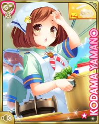 Rule 34 | 2girls, apron, bird, brown eyes, brown hair, burner, card, carrot, character name, cooking, day, from behind, girlfriend (kari), holding, indoors, japanese text, multiple girls, official art, open mouth, pot, qp:flapper, sign, tagme, uniform, wiping forehead, yamano kodama