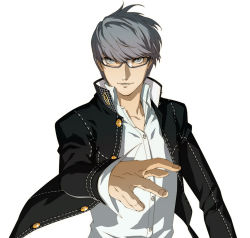 Rule 34 | 1boy, black jacket, glasses, grey eyes, grey hair, highres, jacket, looking at viewer, male focus, narukami yuu, official art, persona, persona 4, persona 4 the golden, shirt, short hair, simple background, smile, soejima shigenori, solo, upper body, white background, white shirt
