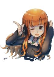 Rule 34 | 1girl, ;d, artist name, blue jacket, blunt bangs, commentary, cropped torso, girls und panzer, green shirt, hand on headphones, headphones, highres, index finger raised, jacket, kuroneko douji, long hair, long sleeves, looking at viewer, military, military uniform, one eye closed, ooarai military uniform, open mouth, orange eyes, orange hair, shirt, signature, simple background, sketch, smile, solo, takebe saori, throat microphone, uniform, upper body, white background