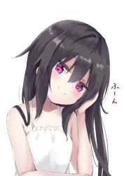 Rule 34 | 1girl, amano kouki, bare arms, bare shoulders, black hair, blush, closed mouth, commentary request, dress, hair between eyes, hand up, head tilt, highres, long hair, looking at viewer, note-chan, original, purple eyes, simple background, sleeveless, sleeveless dress, smile, solo, translation request, upper body, white background, white dress