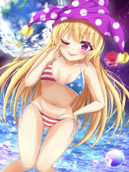Rule 34 | &gt;:), 1girl, absurdres, akanbe, american flag, american flag bikini, bikini, blonde hair, blue bikini, blush, breasts, bubble, cameltoe, cleavage, clownpiece, collarbone, commentary, cowboy shot, dutch angle, earth (planet), eyelid pull, fang, finger to eye, flag print, gluteal fold, groin, hand on own hip, hat, heart, heart in eye, highres, jester cap, knees together feet apart, long hair, looking at viewer, moon, naughty face, navel, ocean, one eye closed, outdoors, planet, polka dot headwear, purple eyes, purple hat, red bikini, reijing etrn, side-tie bikini bottom, small breasts, smile, solo, space, star (symbol), star print, striped bikini, striped clothes, swimsuit, symbol in eye, tongue, tongue out, touhou, underboob, v-shaped eyebrows