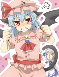 Rule 34 | 2girls, anger vein, animal ears, apron, ascot, bat wings, blood, blue dress, blue hair, blush, blush stickers, braid, brooch, camera, cat ears, cat tail, clenched teeth, commentary request, dress, hat, hat ribbon, izayoi sakuya, jewelry, kemonomimi mode, maid, maid apron, maid headdress, mob cap, multiple girls, nitoni, nosebleed, open mouth, pink dress, pink eyes, puffy sleeves, remilia scarlet, ribbon, sash, short sleeves, silver hair, smile, tail, tears, teeth, touhou, twin braids, waist apron, wings, wrist cuffs
