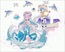Rule 34 | 1boy, 1girl, blouse, blue cape, blue dress, blue eyes, blue hair, blue headwear, cape, child, closed mouth, conch, cookie run, coral hair ornament, dolphin, dress, fur-trimmed cape, fur trim, gem, hair rings, hakusai (tiahszld), hat, holding, holding shell, holding sword, holding weapon, knees together feet apart, looking at viewer, multicolored hair, off-shoulder dress, off shoulder, official alternate costume, pearl (gemstone), peppermint cookie, pink hair, sea fairy cookie, shell, shirt, shorts, sitting, streaked hair, sword, water, wave print, weapon, whale, white shirt, white shorts