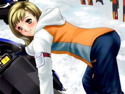 Rule 34 | 1girl, ass, bent over, blonde hair, blush, game cg, joy ride, libido, looking at viewer, outdoors, short hair, snowmobile, solo, winter clothes, yellow eyes