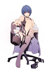 Rule 34 | 1girl, absurdres, barefoot, black footwear, blue hair, blush, breasts, choker, cleavage, collar, crossed legs, feet, foot up, gladiator sandals, high heels, highres, igusaharu, jewelry, lab coat, legs, looking at viewer, medium breasts, nail polish, necklace, persona, persona 5, red eyes, red nails, sandals, shoe dangle, shoes, short hair, simple background, sitting, smile, soles, solo, takemi tae, toenail polish, toenails, toes, unworn shoes