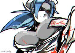 Rule 34 | 1girl, blood, blood splatter, blue hair, bonesaw, breasts, cleavage, ekubo (ciaobero), eyepatch, gloves, hair over one eye, hat, large breasts, latex, latex gloves, looking at viewer, looking down, mask, mouth mask, name tag, nurse cap, ponytail, red eyes, saw, skullgirls, smile, solo, surgical mask, upper body, valentine (skullgirls)