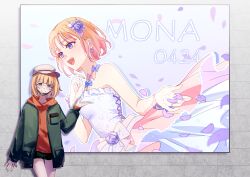 Rule 34 | 1girl, against wall, bare shoulders, billboard, black shorts, blonde hair, blue eyes, bow, character name, cowboy shot, dress, earrings, flower, flower earrings, frilled dress, frills, glasses, gloves, green jacket, grey headwear, grin, hair flower, hair ornament, hat, highres, honeyworks, hood, hoodie, hoop earrings, jacket, jewelry, lace, lace gloves, layered clothes, long sleeves, looking at viewer, mask, unworn mask, multiple views, narumi mona, open hand, open mouth, orange hoodie, outstretched hand, petals, round eyewear, short hair, short shorts, shorts, sleeveless, sleeveless dress, smile, standing, white dress, white gloves, white headwear, yoriko